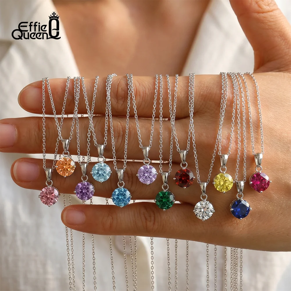 EFFIE QUEEN Fashion Colorful Zircon Round Pendant Necklaces Stainless Steel Birthday Stone Choker Dainty Jewelry Gift HTKN07