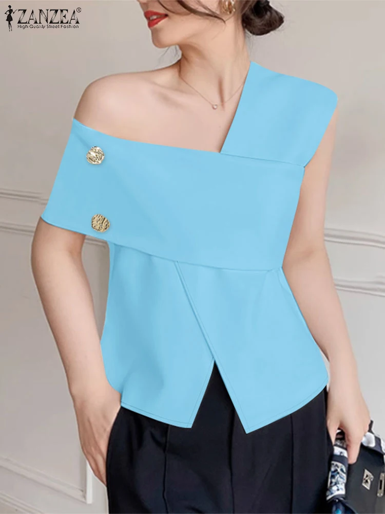 

2025 Summer Chic Off Shoulder Women Blouses ZANZEA Stylish Solid Work OL Tops Asymmetrical Office Shirt Fashion Holiday Blusas