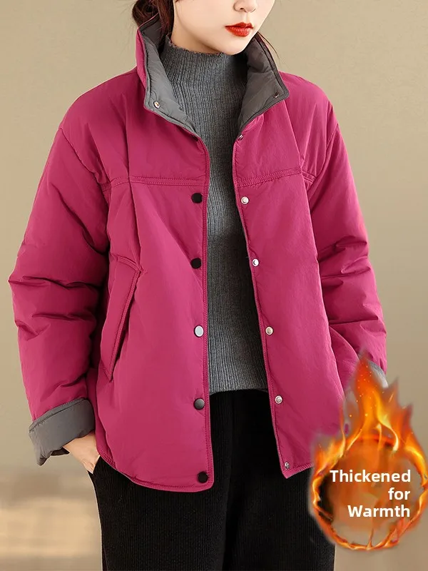 

Thickened Cotton Jacket Outerwear Loose Fit Warm Versatile Retro Style Women's Clothing Mom's Coat Long Sleeve Stand Collar