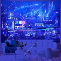 Psychedelic Planet City Skyscrapers UV Reactive Tapestry Wall Hanging Neon Background Gothic Room Decor Aesthetic Curtain Cloth