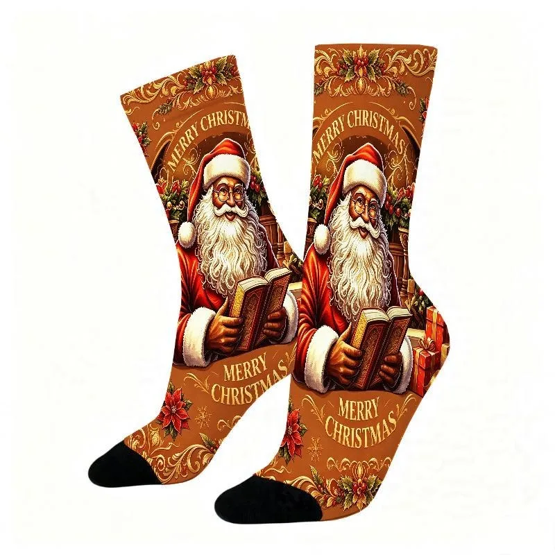 Festive Christmas Santa Claus Print Crew Socks, Comfortable Stretch Fabric for Winter Holiday Outfits
