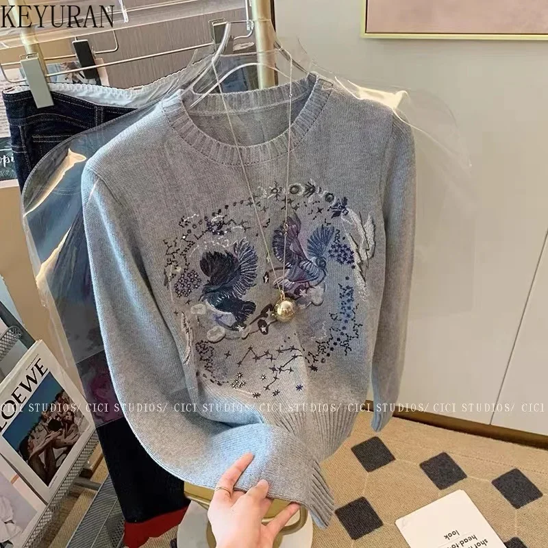 Grey Knitted Sweater Pullovers Women Jumper Autumn Winter 2024 Embroidered Flowers Insects Long Sleeve Traf Tops Fashion Clothes