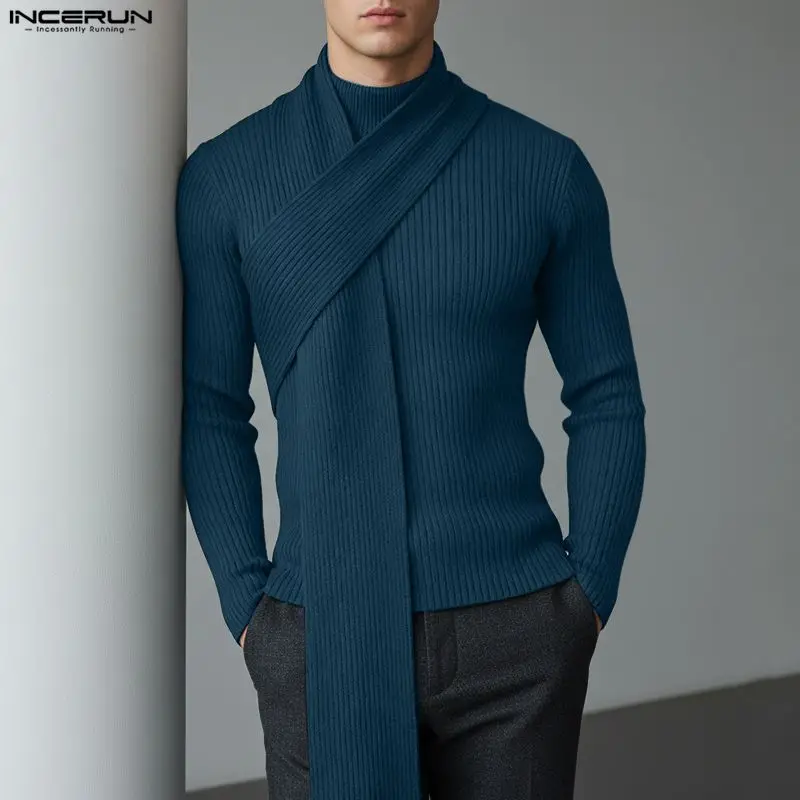 INCERUN Men Sweaters Solid Turtleneck Long Sleeve Knitted Male Pullovers With Scarf Streetwear Spring 2026 Fashion Men Clothing