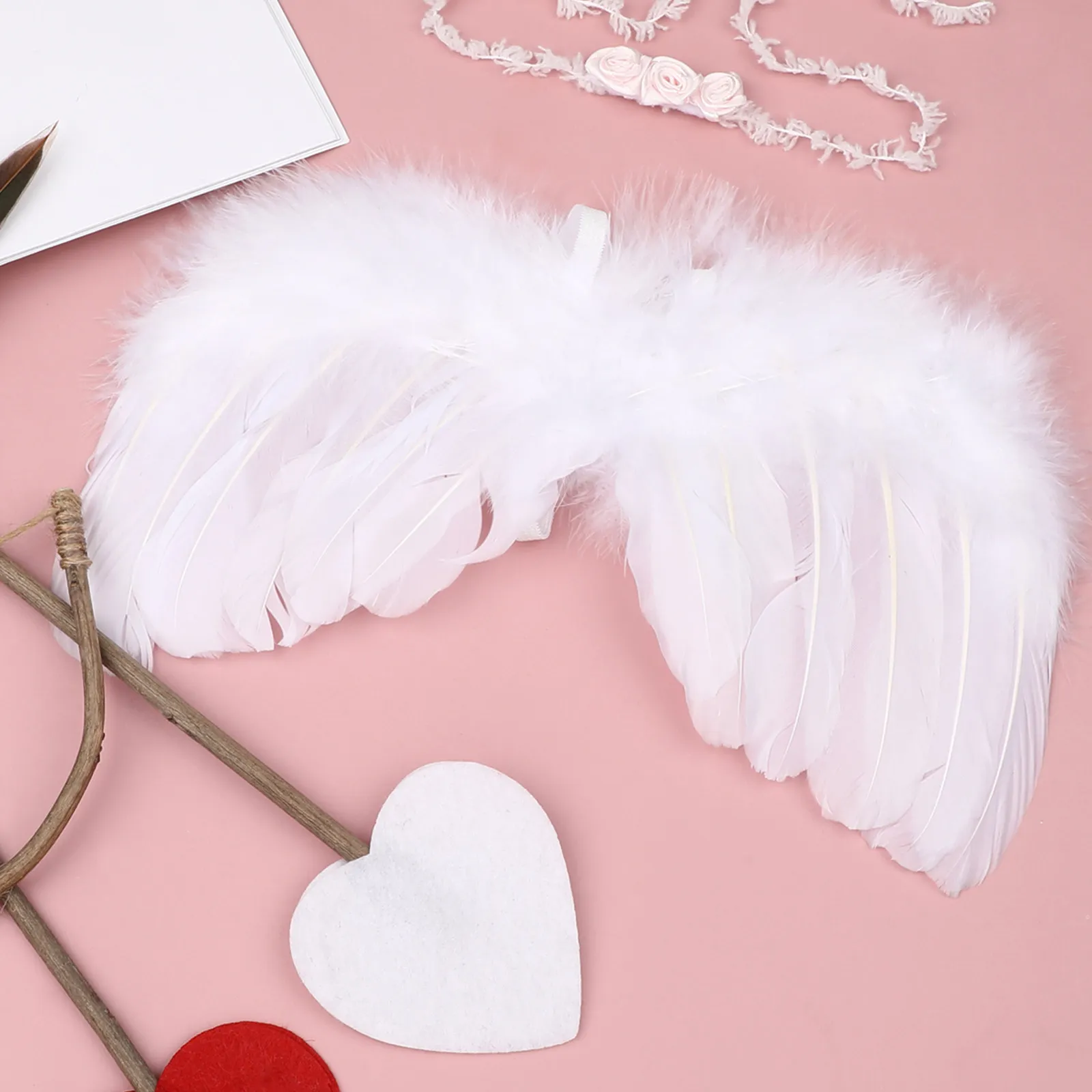 1 Set Foto-Requisiten-Set Amor-Kostüm mit Blumen-Haarreif, Federflügel, Holzbogen, Herzpfeile für Fotografie