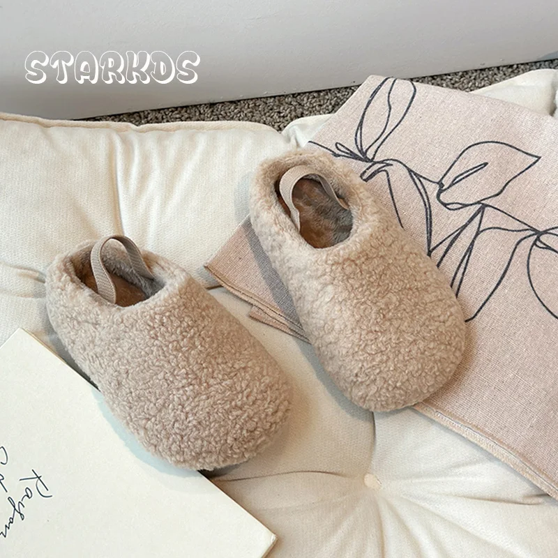 

Teddy Fur Mule For Baby Kids Winter Warm Plush Slipper Toddler Child Casual Pull-on Fluffy Cotton Shoe with Back Elastic Strap