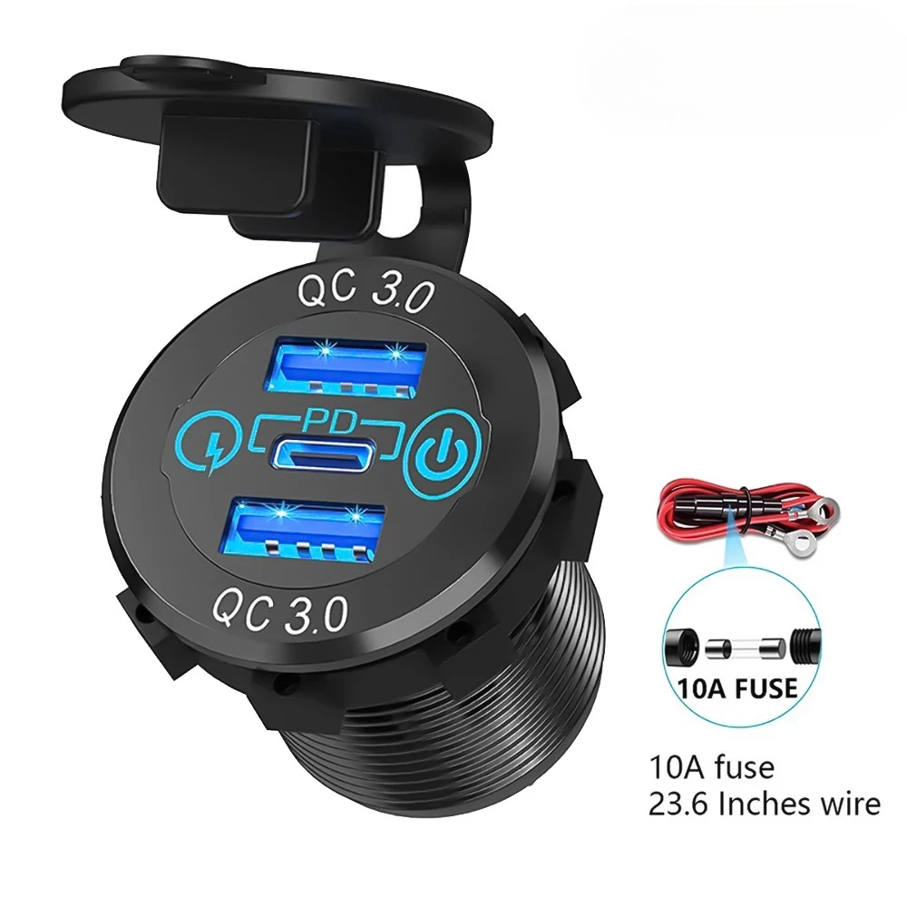 

Автомобильное USB-разъем для зарядного устройства, металлическая, 60 Вт, автомобильные аксессуары, USB-розетка 12/24 В, PD USB-C и два порта QC3.0, сенсорный переключатель для лодок и морских пехотинцев