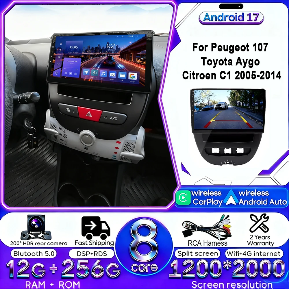 Android 17 Carplay Auto 4G WIFI autoradio voor Peugeot 107 Toyota Aygo Citroen C1 2005-2014 GPS BT DSP touchscreen multimedia - afbeelding 2
