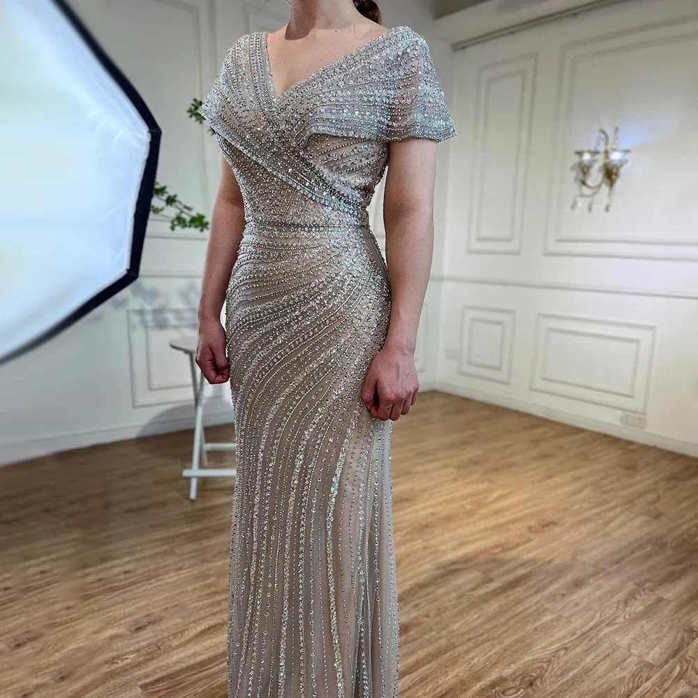 Silver Nude Mermaid Evening Gown 2025 Beaded Formal Dress