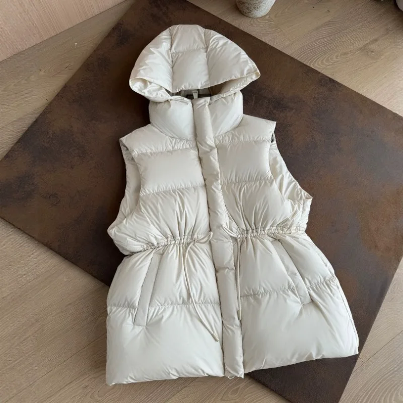 Women Winter Stand Collar Padded Vest Mid Length Drawstring Waist Slim Warm Sleeveless Cotton Waistcoat