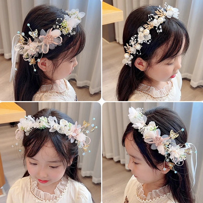 1X Hair Jewelry Children Gifts Spring Bohemian Girls Bridal Pearl Hair Headdress Flower Wreath Bride Garland Head Hoop Headbands