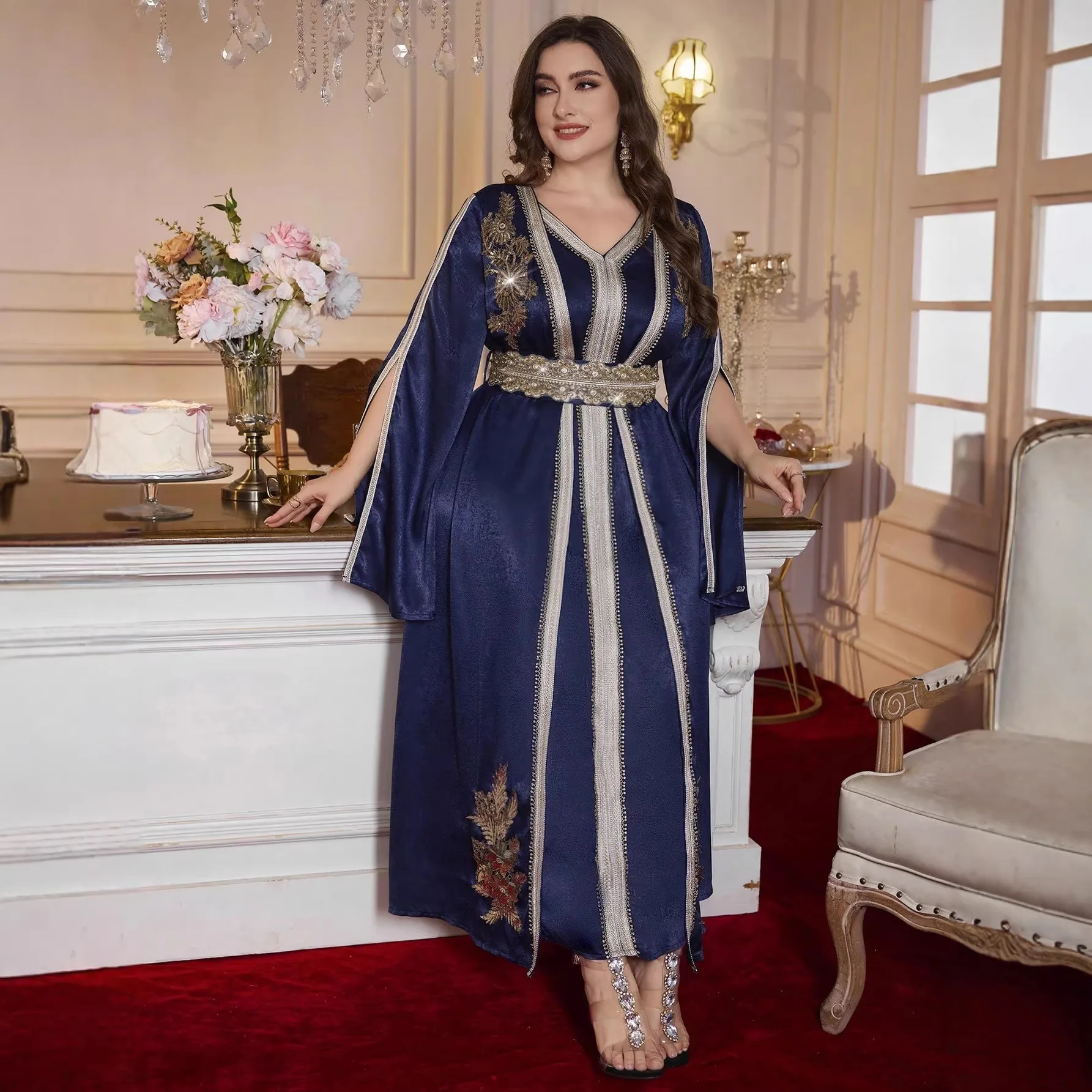 

Plus Size Navy V Neck Split Flare Sleeve Heavy Embroidery Rhinestone Wide Belt Maxi Moroccan Kaftan Muslim Evening Abaya Gown
