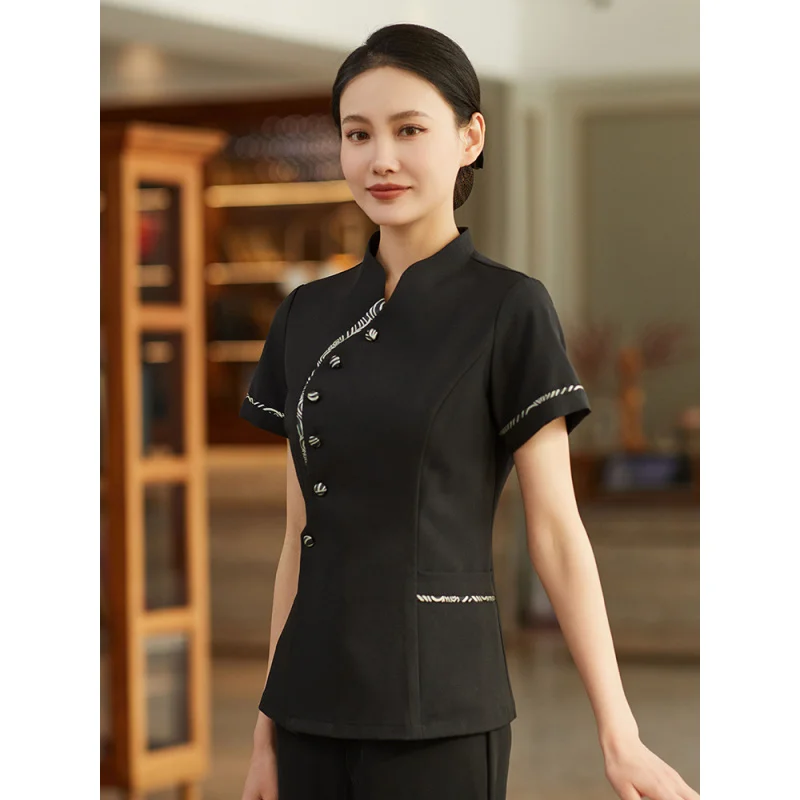 زي عمل النادل في بيت الشاي بأكمام قصيرة لمطعم الفندق وعاء ساخن مطعم صيني ملابس عمل صيفية للجنسين