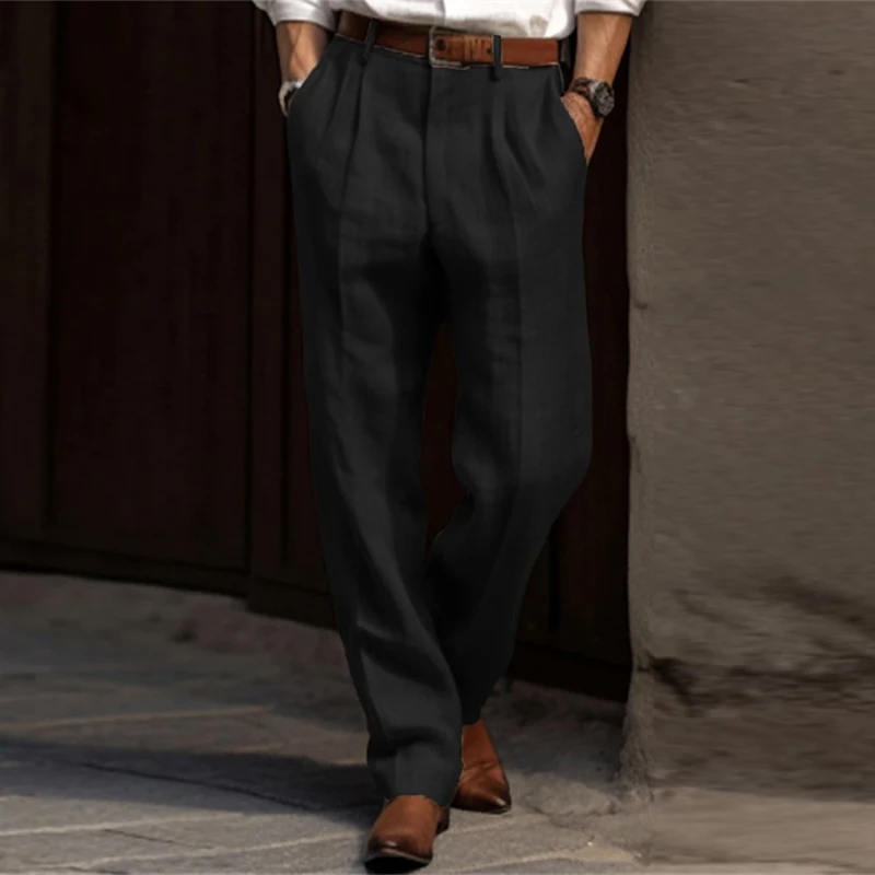 Cotton Linen Pants Men Business Casual Fashion Thin Suit Trouser Autumn Vintage Mens Solid Color Pleated New Design Waist Pants