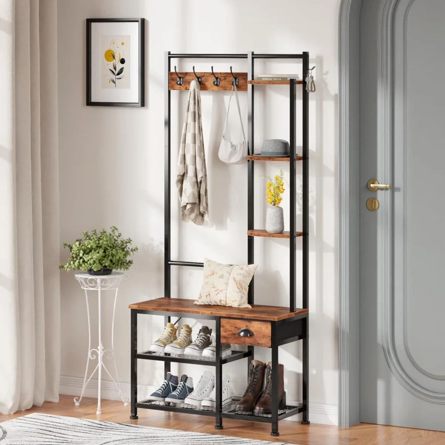 

Вешалка для одежды, тумба-скамья для прихожей с обувницей, 4-в-1: скамья для прихожей, вешалка с 3 полками и ящиком, органайзер для прихожей