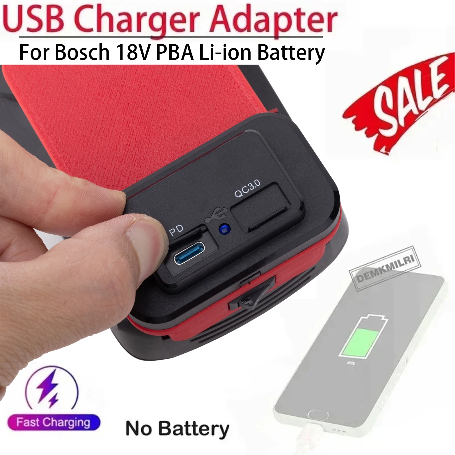 Battery Charger Adapter for Bosch 18V PBA Li-ion Battery with USB/Type-C Dual Ports for Fast Charging Mobile Phones Power Banks