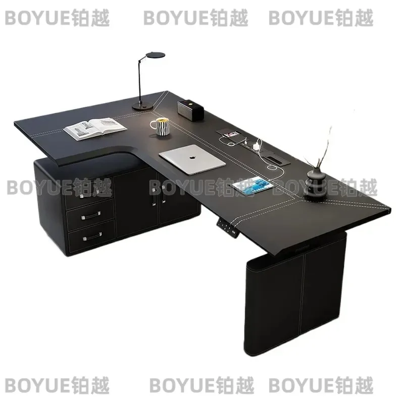 L Shaped Electric Height Adjustable Corner Desk with Storage Saddle Leather Gaming Computer Workstation for Home Office Setup
