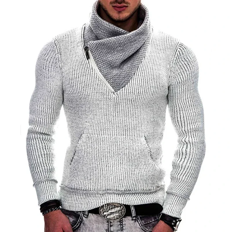 Autumn and Winter Men's Fashion European and American Cross border Pocket Top High Neck Long Sleeve Slim Fit Knitted Shirt Coat