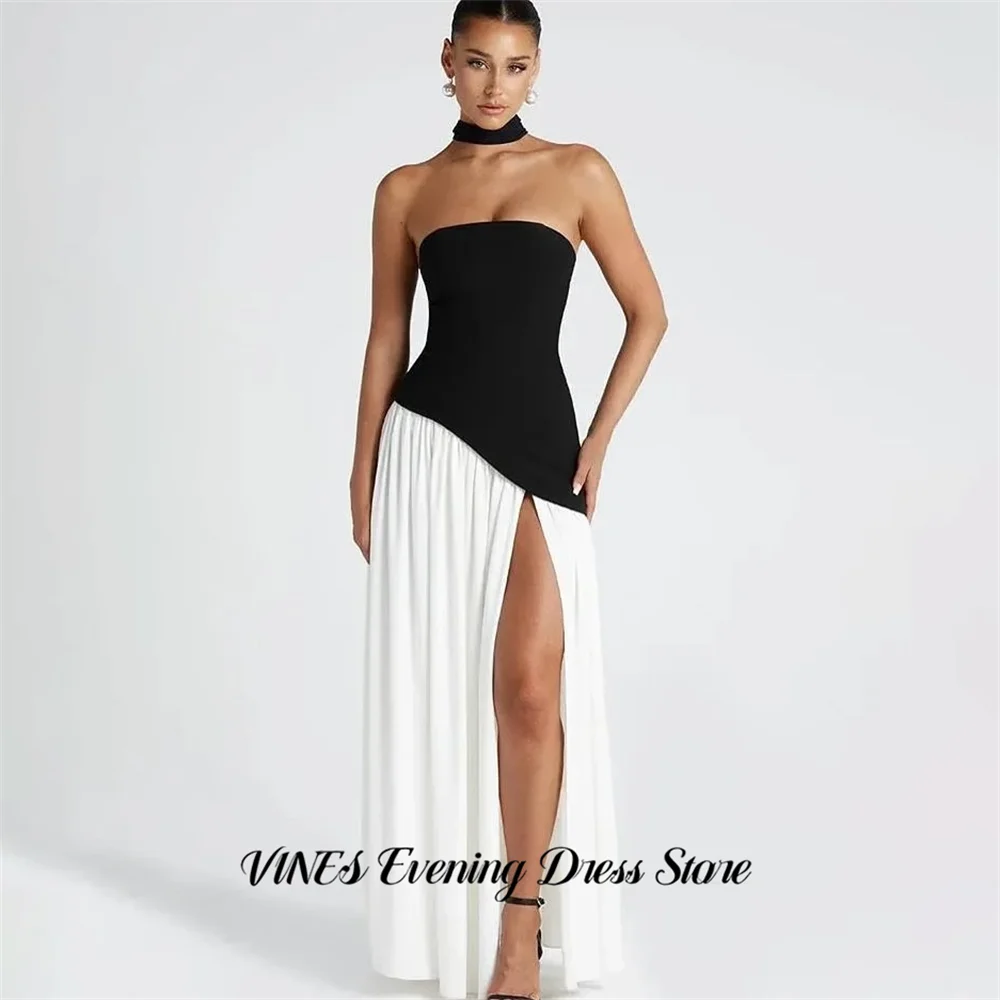

VINES Black and White Prom Dress Strapless Chiffon Celebrity Dresses Pleated Beach Women's Evening Dress for Gala Customized