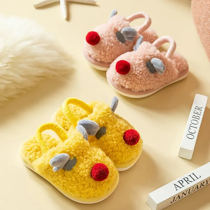 Winter Children Girls Cartoon Christmas Deer Indoor Home Fleece Warm Slippers Boys Kids Casual Non-Slip Cotton Shoes