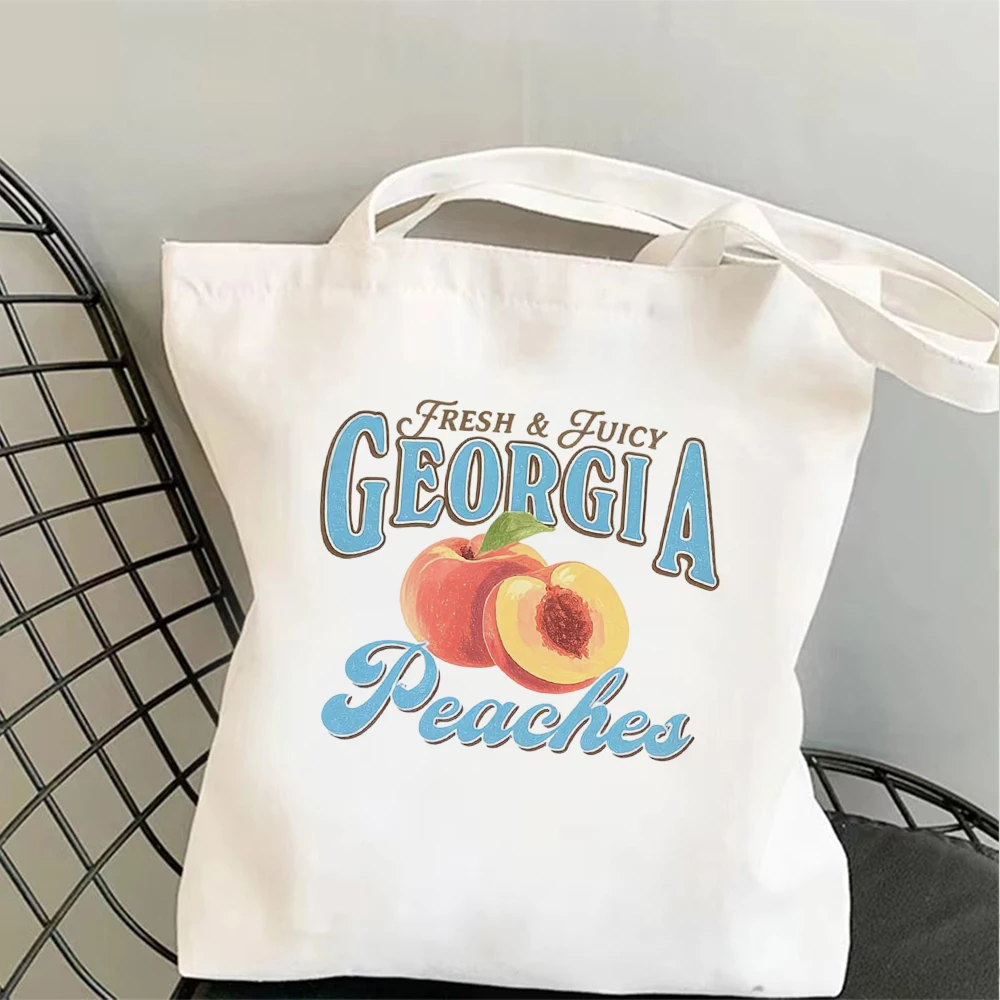 Peach Themed Canvas Tote Bag, Georgia Peaches Print, Portable Travel Tote Bag