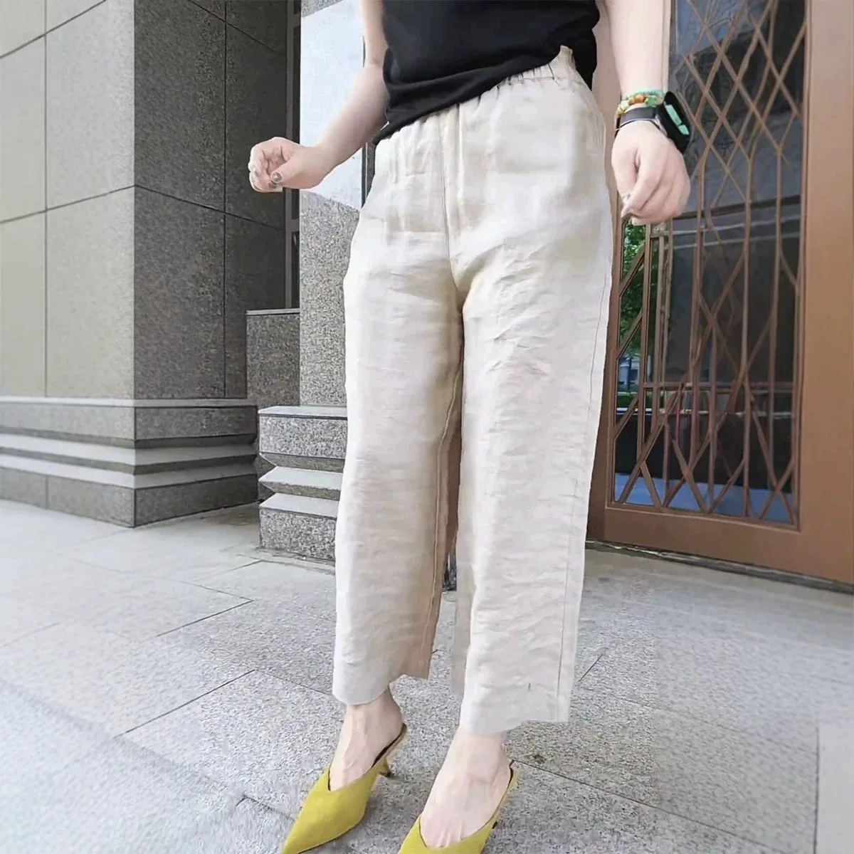 High Waist Slim Fit Summer New Style Casual Pants Women's Wide Leg Nine Points Breathable Thin Linen Trousers Simple Style