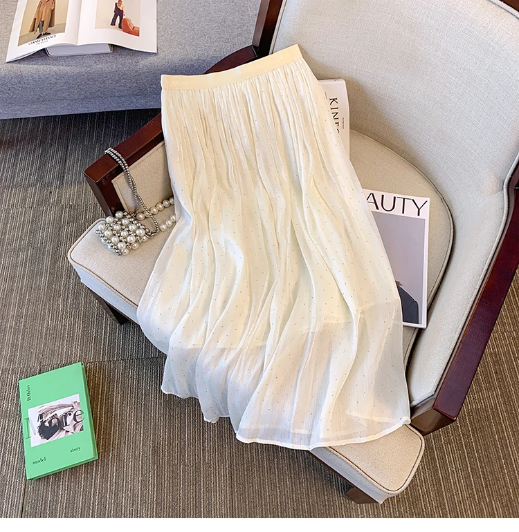 

Casual High Waist rhinestone mesh Pleated Slim A-line Long Skirts Korean Fashion Streetwear Basics Plus Size Clothing