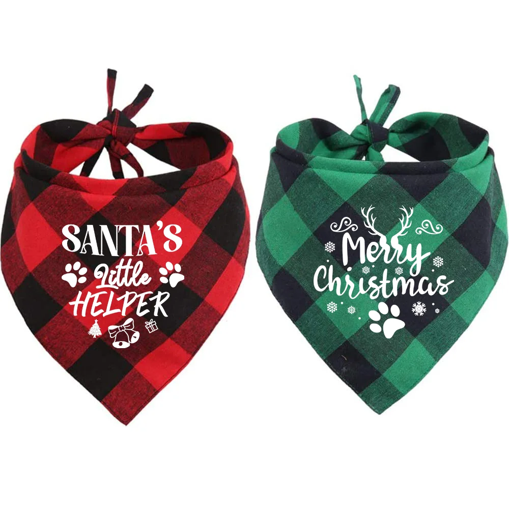 2PCS Merry Christmas Dog Bandanas Classic Plaid Christmas Xmas Dog Christmas Bandana Pet Scarf Dog Cat Xmas Accessories Gifts