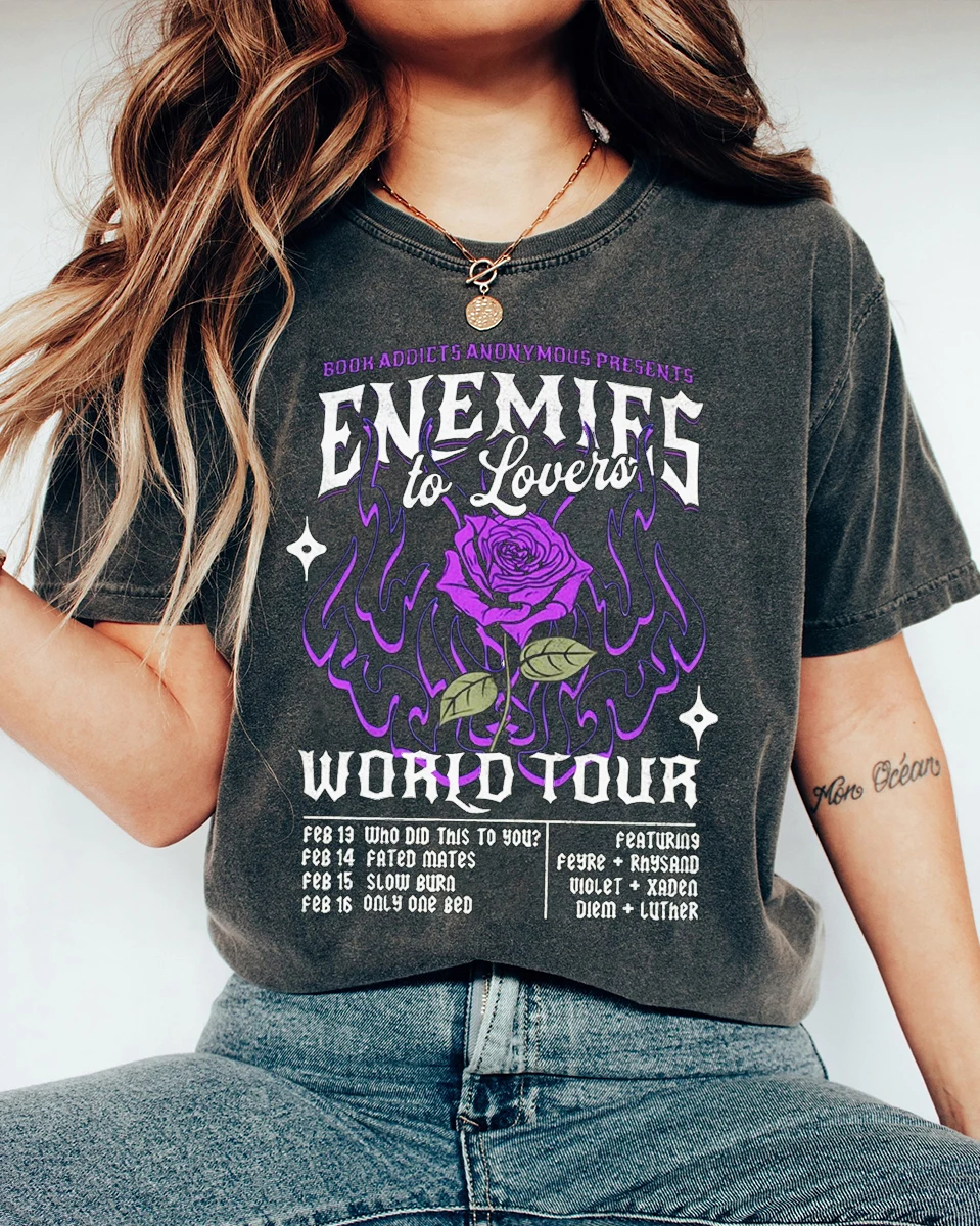 Enemies To Lovers Book Tropes Literary Shirt Bookstagram Booktok Merch Bookish Dark Romance Vintage Washed Tee For Unisex Y2K