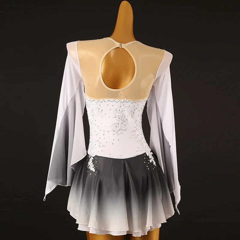 Figure Skating Dress white yellow burned flower Women girl Ice Skating Dress Gymnastics white crystal rhinestone B256 ballet