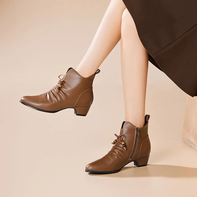 Ladies' Pointed-toe Ankle Boots, Sheepskin Uppers, Pleated Beaded LACES for Warmth, Low Chunky-heeled Retro Women's Ankle Boots
