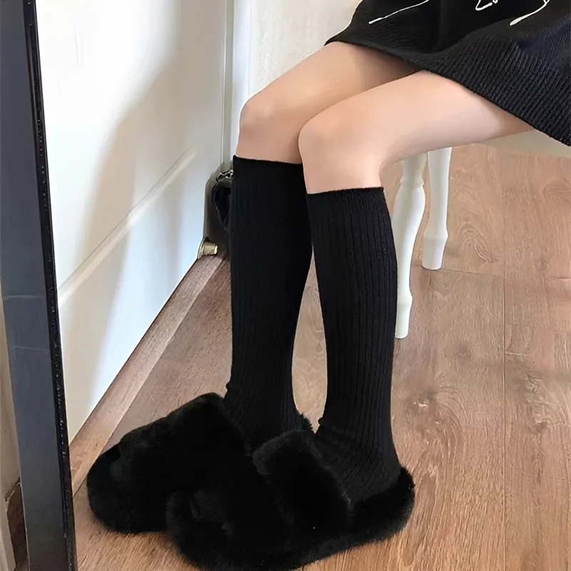 Women'S Knitted Socks Solid Color Vertical Bar Warm Knee Length Harajuku Fashion Lolita Knee-High – With Strip Stripes