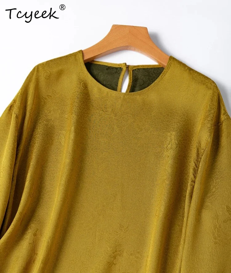 Tcyeek 100% Real Silk T-shirt Elegant Blouses for Women Loose Fit Ladies Tops Summer Clothes Fashion Pullover Футболка Женский