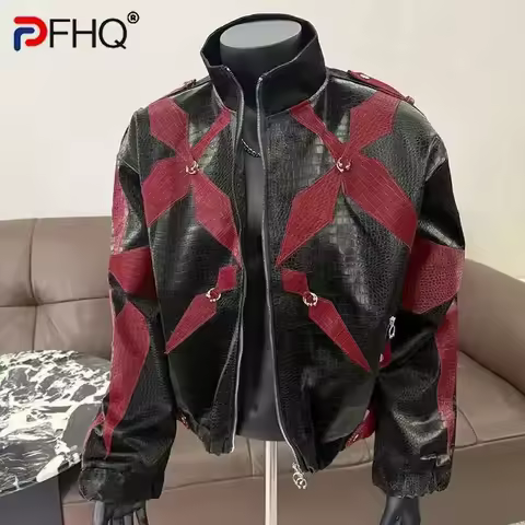 PFHQ Men's PU Leather Jacket 2025 Trend New Zipper Stand Collar Contrast Color High Street Coats Fashion Menswear 21E2807
