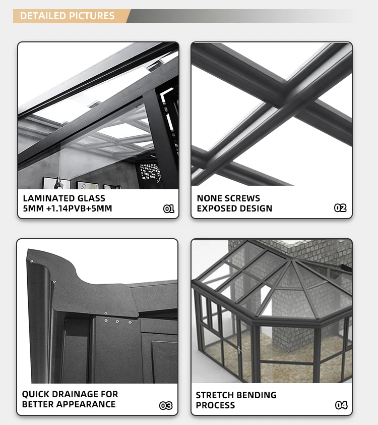 Factory Direct 2026 Alucasa Camera da giardino per esterni in vetro temperato Low-E con luce solare, la piccola stanza