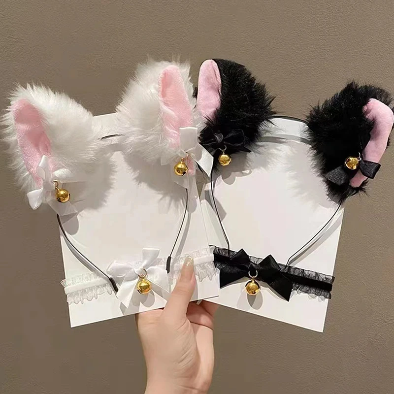 2Pcs Sexy Cat Ears Women Plush Bell Headband with Bell Heart Neckchain Cosplay Masquerade-Party Costume Hair Accessories