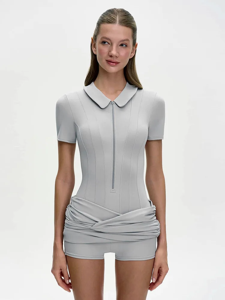 

Absobe Women Polo Collar Zip Front Mini Dress Boned Seam Waist Ruched Bodycon Slim Solid Color Sexy Party Club Date Night Outfit