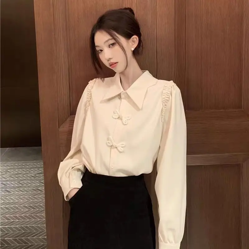 Retro Fashion Chinese Style Buttons Blouse Ladies All-match Solid Color Turn-down Collar Long Sleeve Shirts Women Clothes Tops