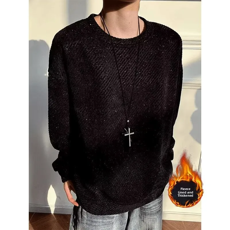 

Thickened Knitted Hoodie Men's Long Sleeve round Neck Fleece Lined Heavyweight Casual T-shirt Autumn Winter Fashion Streetwear