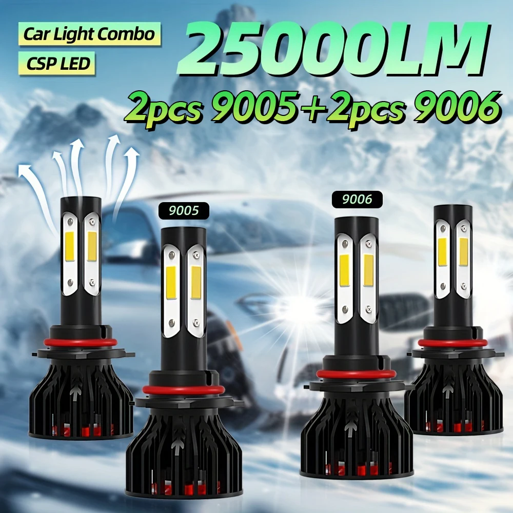 roadsun 4pcs 9005/HB3 9006/HB4High&Low Beam Lamps Combo 25000LM High Power 6000K White 4 Side COB Chips 200 meters Visible Range