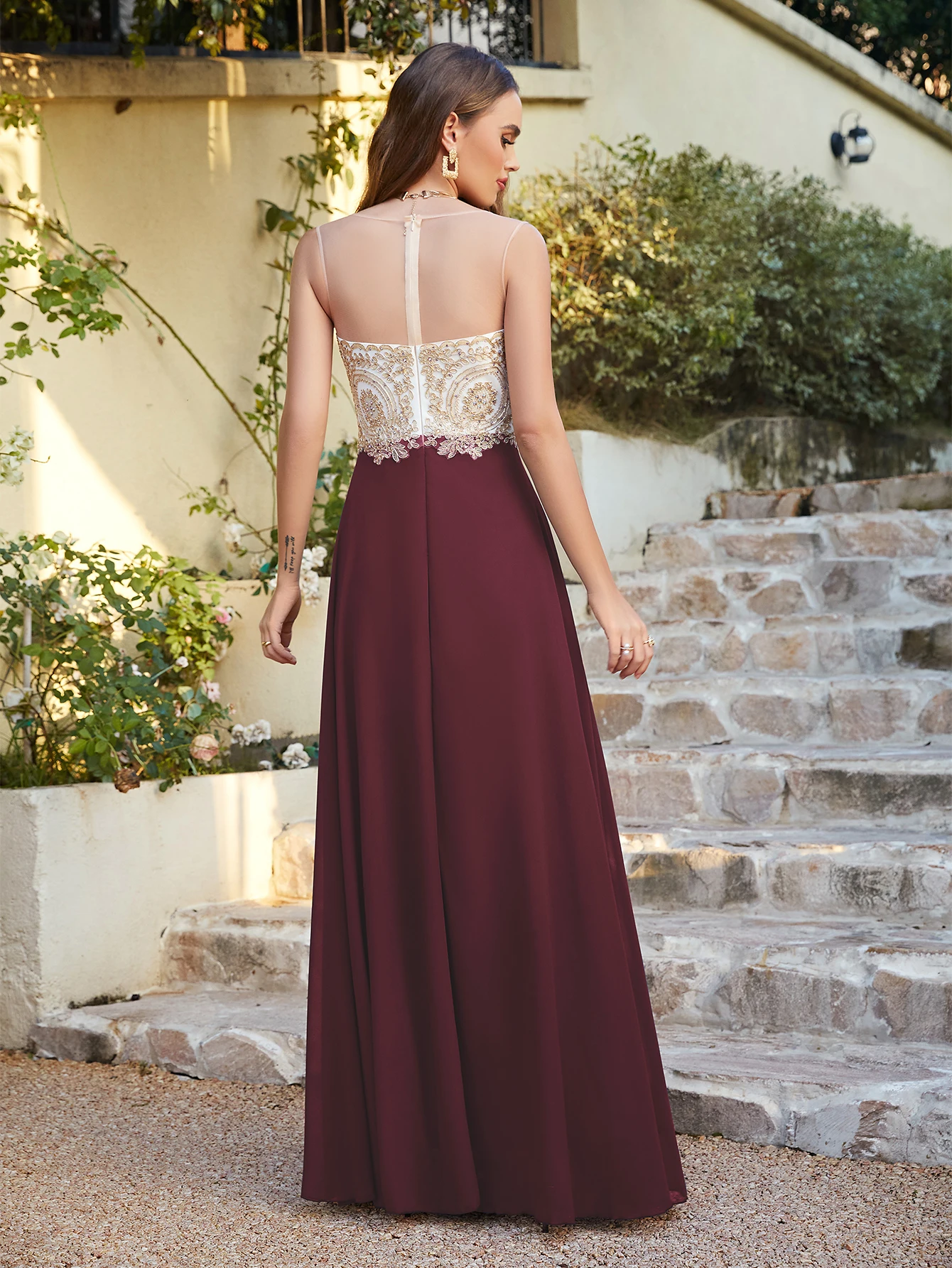 Women Evening Dresses Illusion Sweetheart Backless Zipper Gold Appqulies A Line Wedding Guest Bridesmaid Long Formal Gown