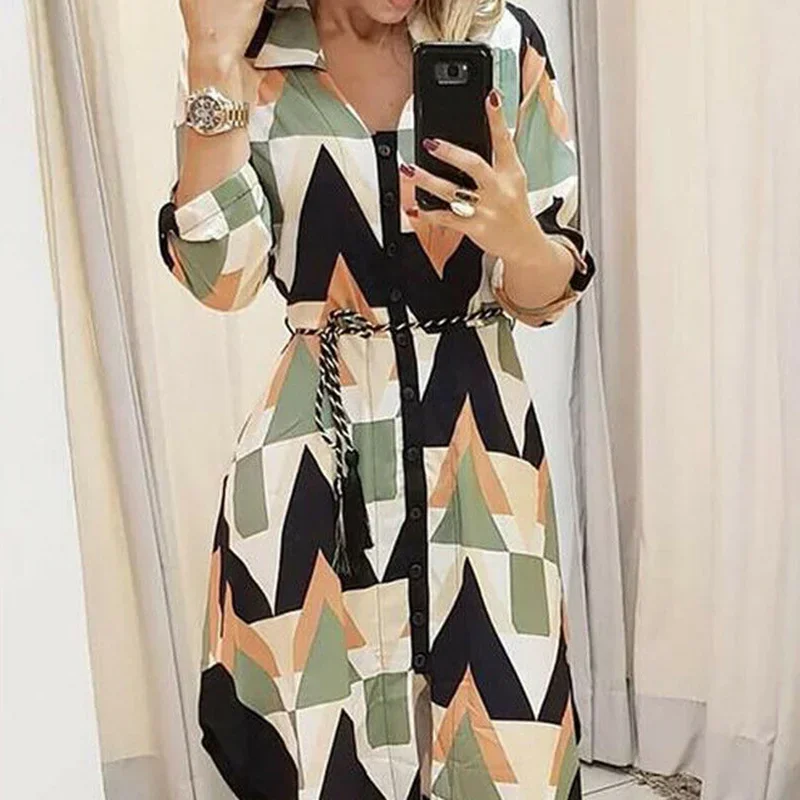 

Women Boho Fashion Long Sleeve Shirt Dresses 2024 Wave Printed Asymmetrical Dress Autumn Summer Holiday Beach Sundress Clothing