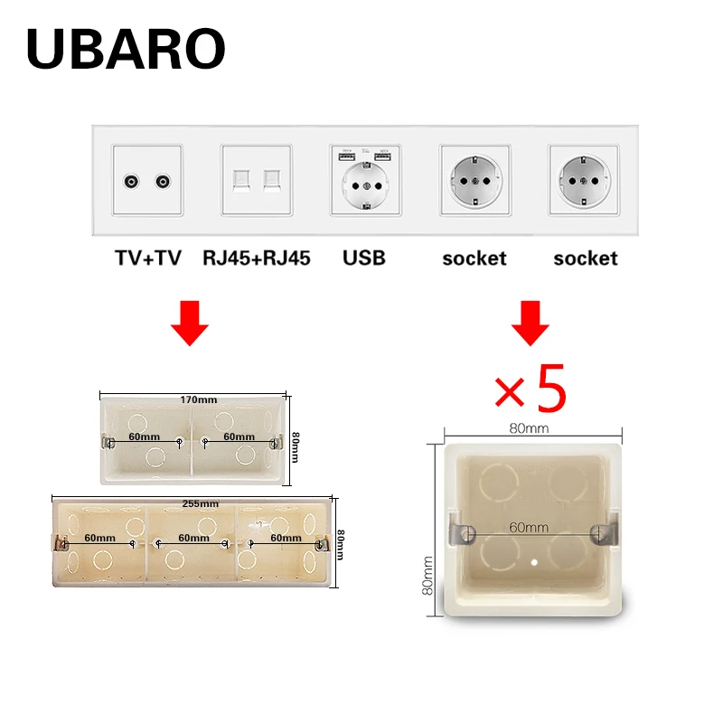 UBARO EU Standard Glass Panel Wall Socket With RJ45 RJ11 TV USB Signal Terminal Plug Home Outlet  Weak Current Combination Plugs