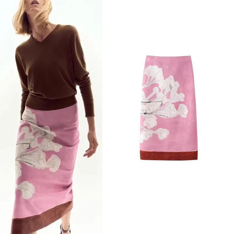 

Spring New Vintage High Waist Split Midi Skirt Mixed Printing Straight Cut Skirt Women's Premium Faion Polyester Fiber
