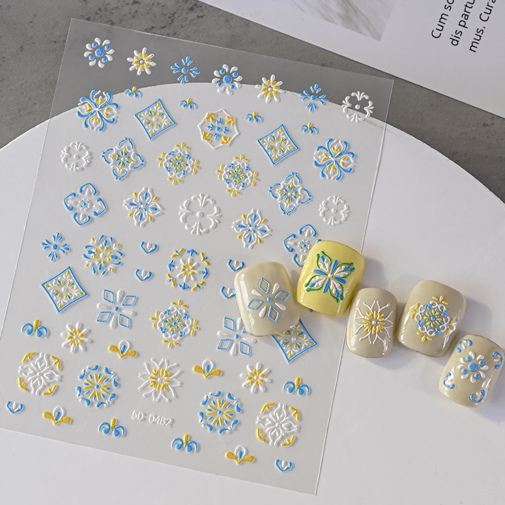 1 Stücke 5D Geprägte Boho Blume Nalil Aufkleber Böhmischen Blau/Lila Spitze Floral Nail art Aufkleber Retro Selbstklebende Maniküre Dekor *