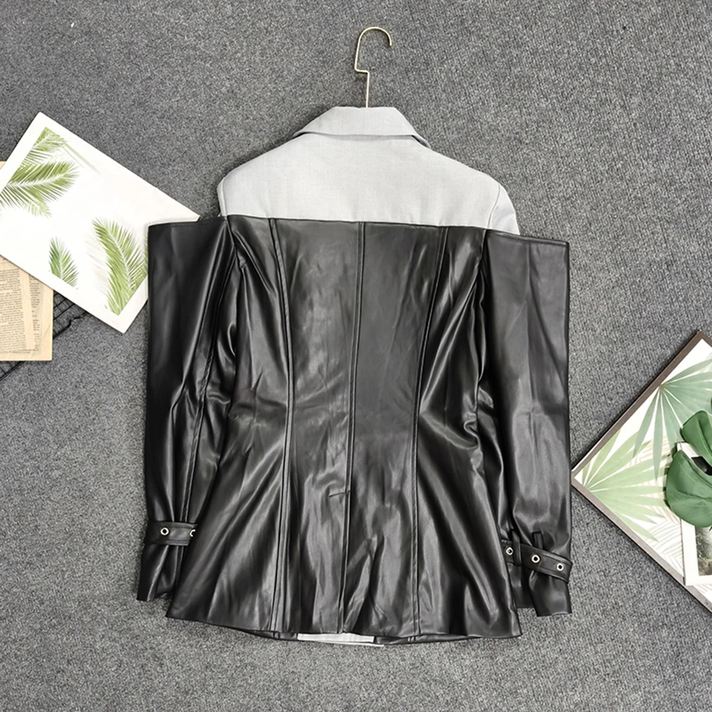TWOTWINSTYLE Design Sense Hit Color Leather Jackets For Women V Neck Long Sleeve Autumn Party Chic Jacket Female New KJA550991