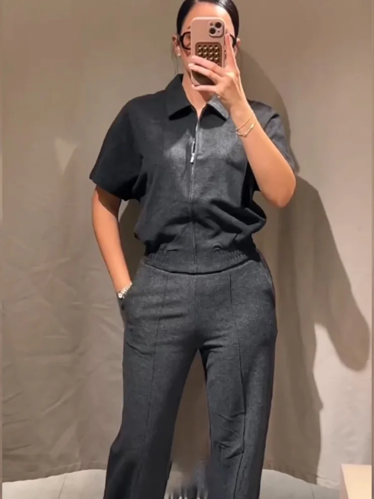 HH Women Fashion Loose Short Sleeve Lapel Zipper Vest+Autumn High Waisted Elastic Waist Pockets Wide-leg Pants 2-Piece Set