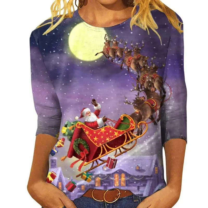 패션 크리스마스 트리 프린트 여성용 레드 긴 소매 풀오버 후드리스 캐주얼 스웨트셔츠 및 크리스마스 블라우스 겨울 가을 탑