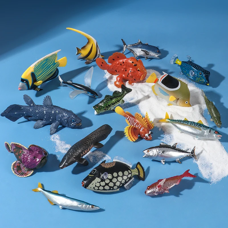 Mały zestaw figurek zwierząt morskich, modele życia morskiego z PVC, zabawka edukacyjna, ryba kamień, łosoś, ryba latająca, tuńczyk