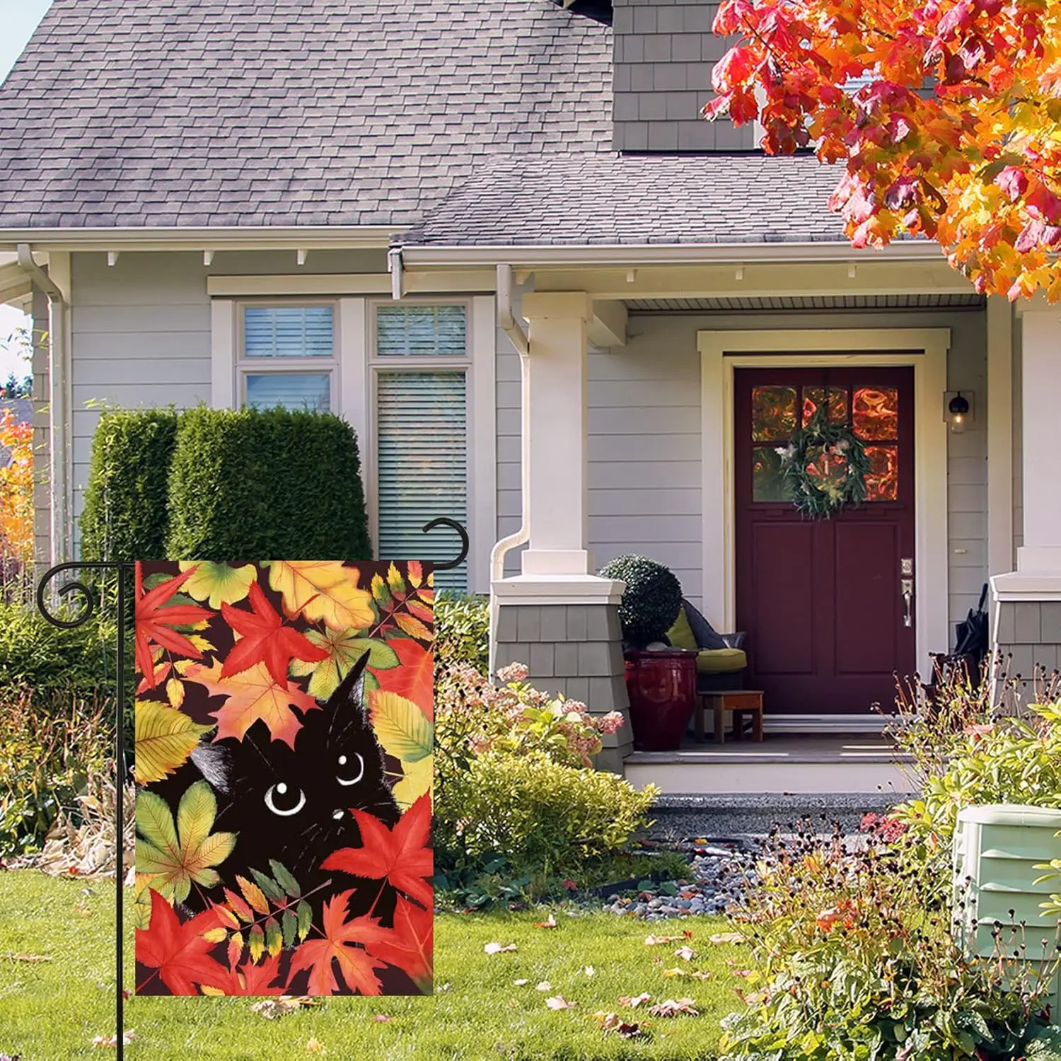 Morigins Harvest Fall Maple leaf Welcome Autumn Cat Garden Flag Double Sided Outdoor Yard Decorations 12.5 * 18 inch ZZJ LLG llz