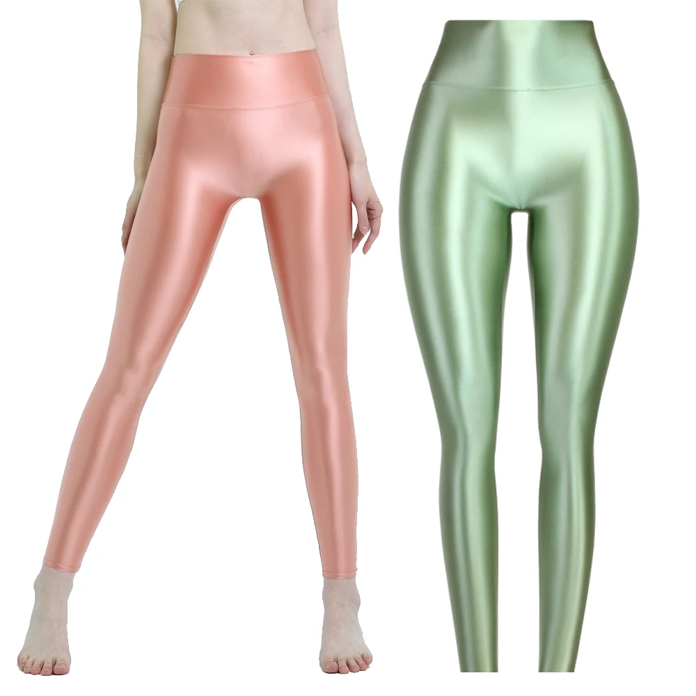 MJINM Sports Shiny Satin Joggers Women's Yoga Pants High Waist Jogging Quality Tights Soft Fitness Wide Waist  Leggings